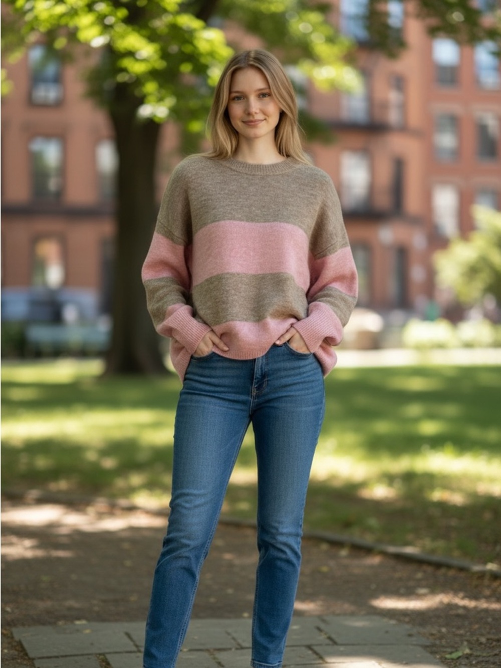 H&M Women's Sweater in Pink and Tan Stripes